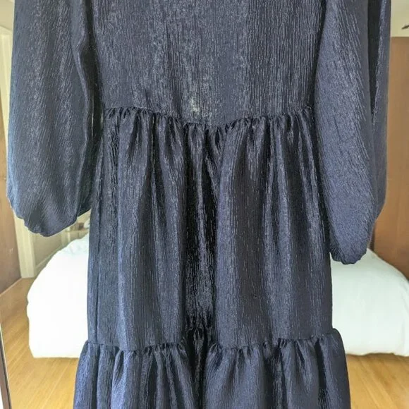 Topshop Premium Textured Jacquard Midi Dress Navy Blue Tiered Size 4 - Picture 3 of 11
